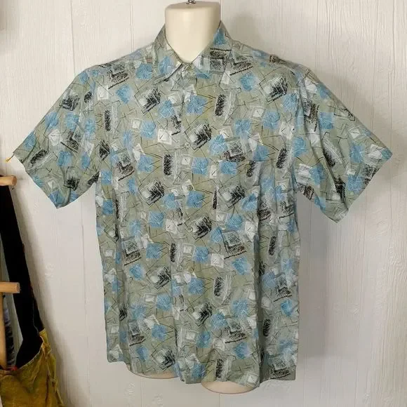 J FERRAR Cool Tones Geometric Abstract Short Sleeve Hawaiian Shirt - Picture 5 of 5